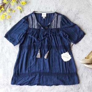 Know Rose Blue Boho Peasant Blouse Top